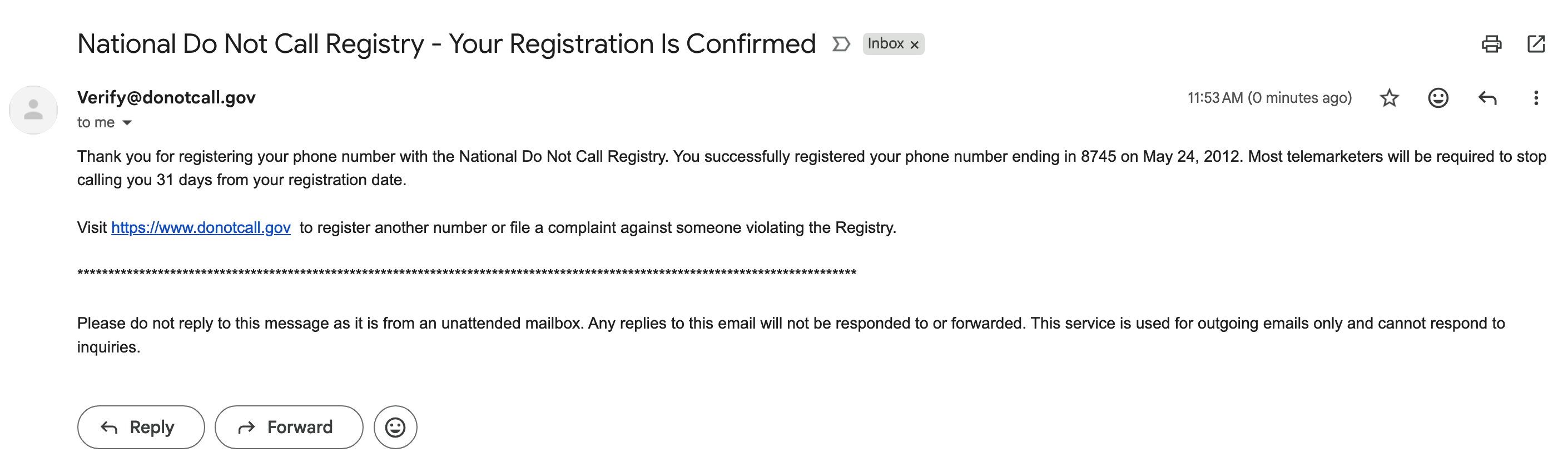 Do Not Call List confirmation